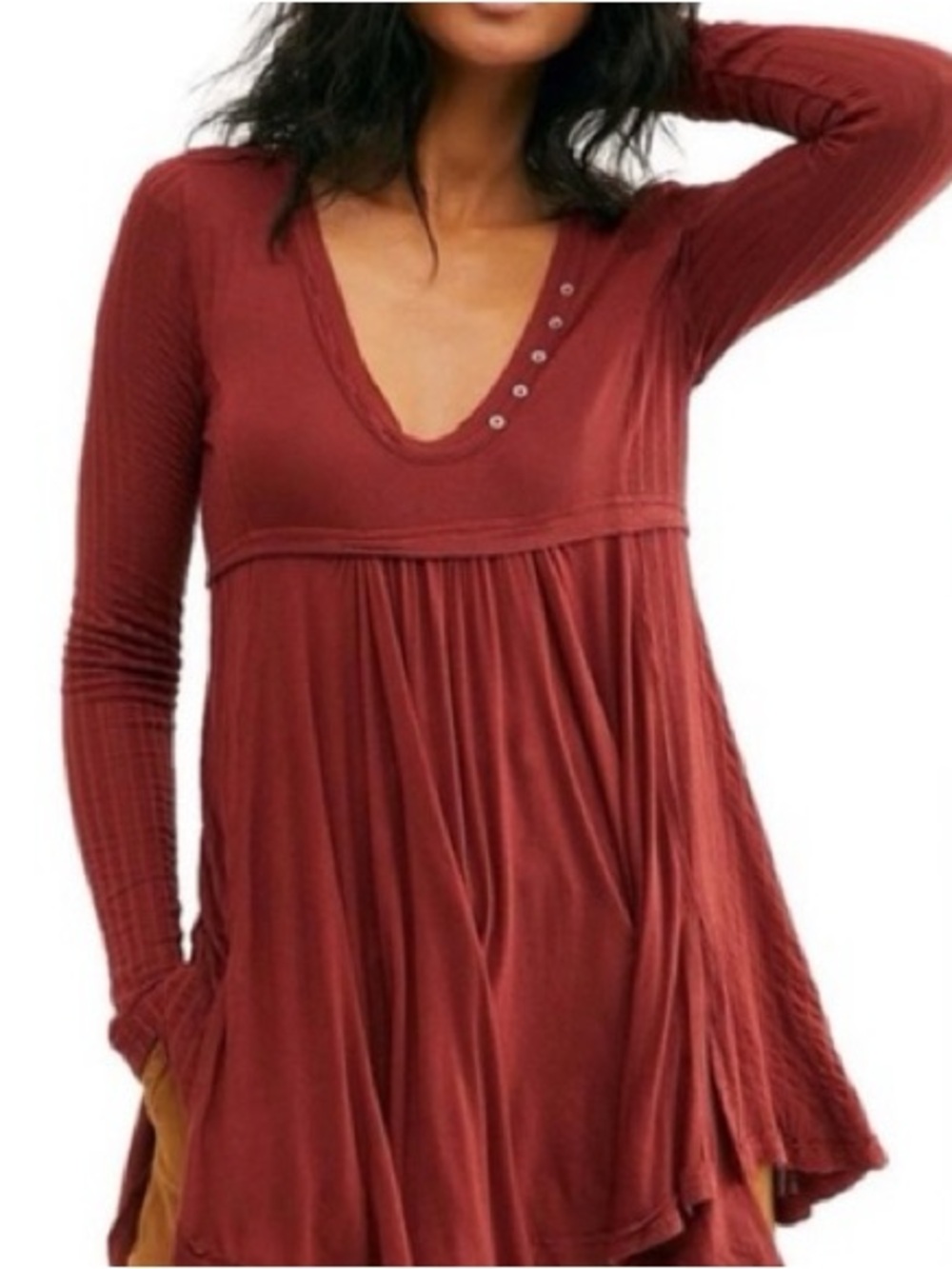 Velvet Rust Red V-Neck Long Sleeve Tunic